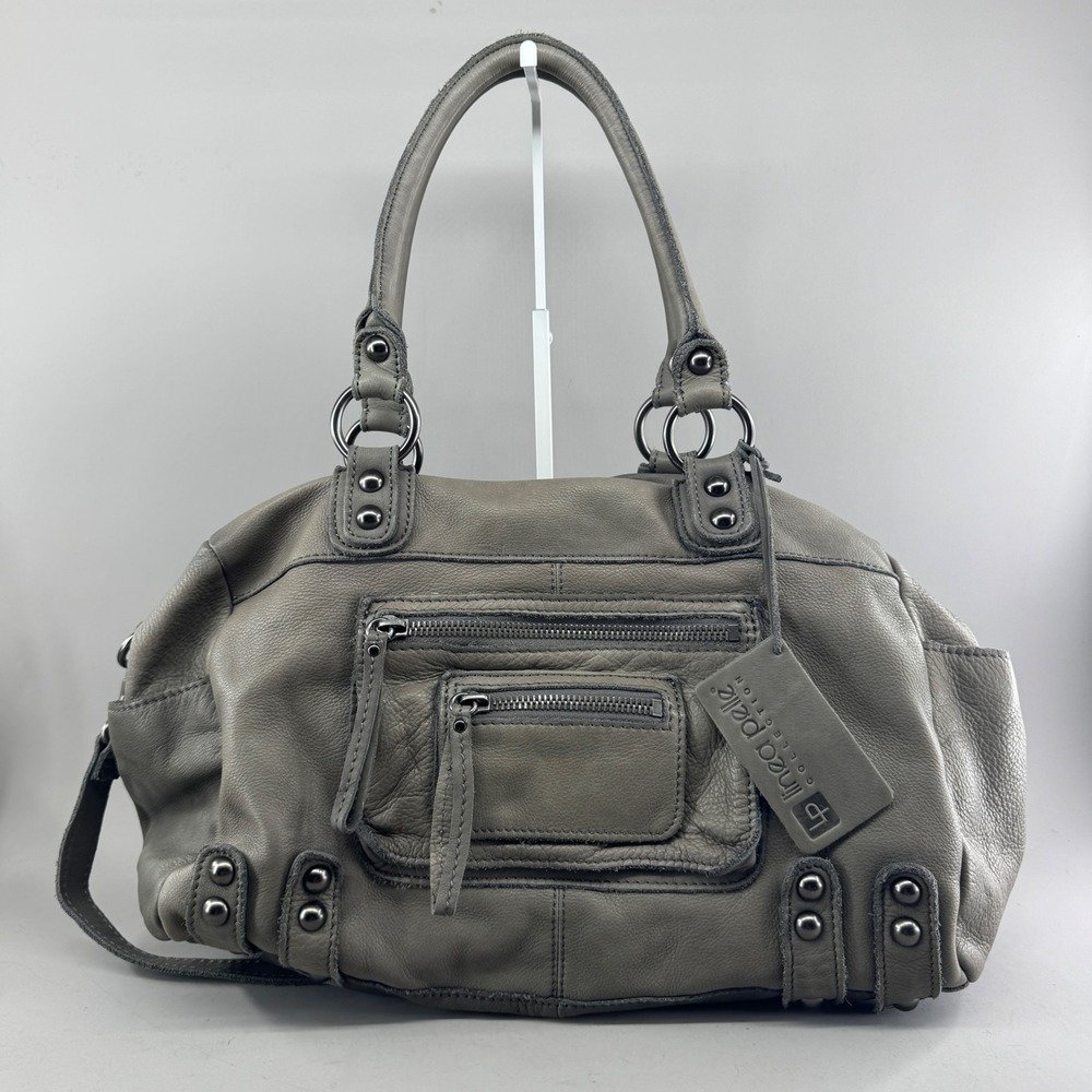 Linea Pelle Women Grey Leather Studded Satchel Crossbody Handbag Gunmetal Studs